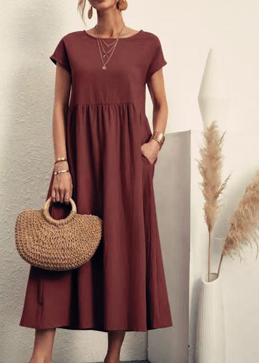 Women's Relaxed-Fit Smocked-Waist Pocketed Fall Midi Dress