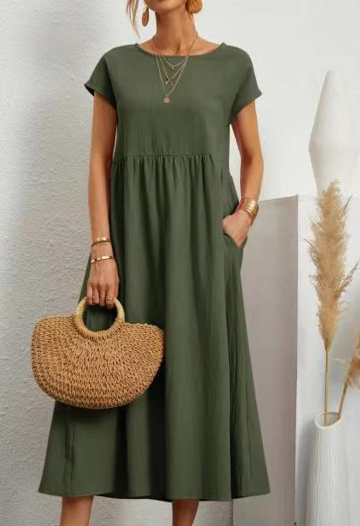 Women's Relaxed-Fit Smocked-Waist Pocketed Fall Midi Dress