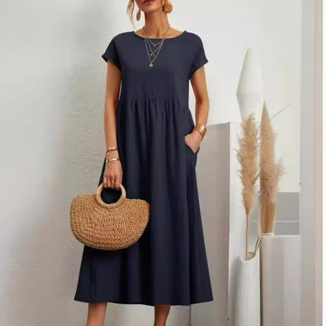 Women's Relaxed-Fit Smocked-Waist Pocketed Fall Midi Dress