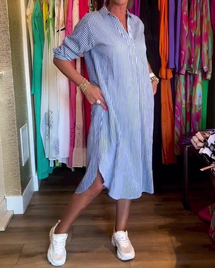 Women's Relaxed-Fit Striped Button-Down Fall Midi Dress