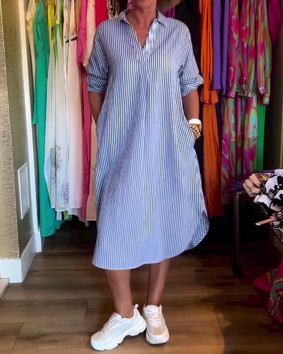 Women's Relaxed-Fit Striped Button-Down Fall Midi Dress