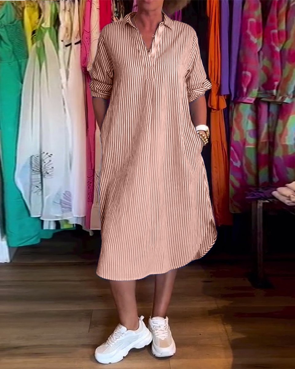 Women's Relaxed-Fit Striped Button-Down Fall Midi Dress