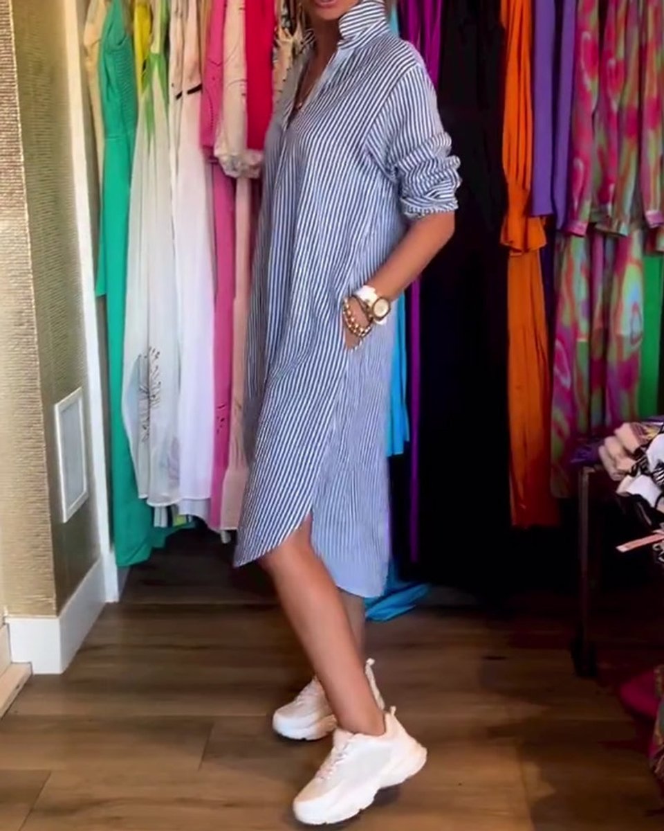Women's Relaxed-Fit Striped Button-Down Fall Midi Dress