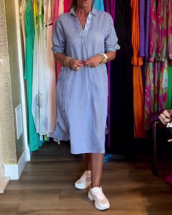 Women's Relaxed-Fit Striped Button-Down Fall Midi Dress