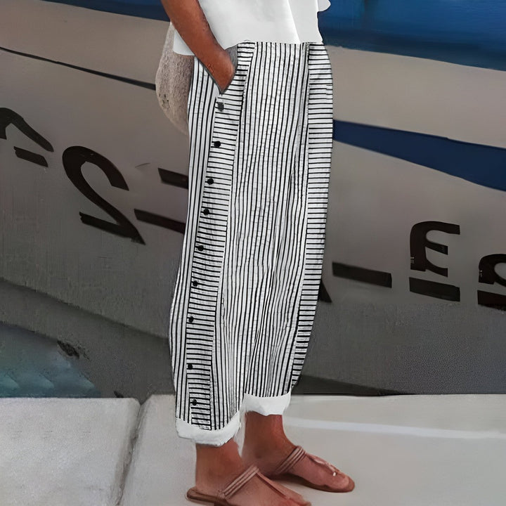 Women's Relaxed-Fit Striped Linen Side-Button Pants