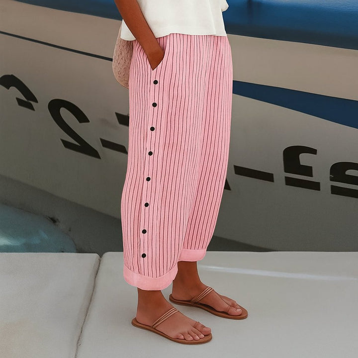 Women's Relaxed-Fit Striped Linen Side-Button Pants