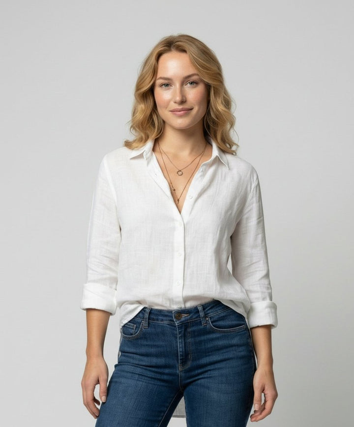 Women's Relaxed-Fit Three-Quarter Sleeve Classic Collar Linen Shirt