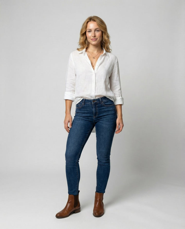 Women's Relaxed-Fit Three-Quarter Sleeve Classic Collar Linen Shirt