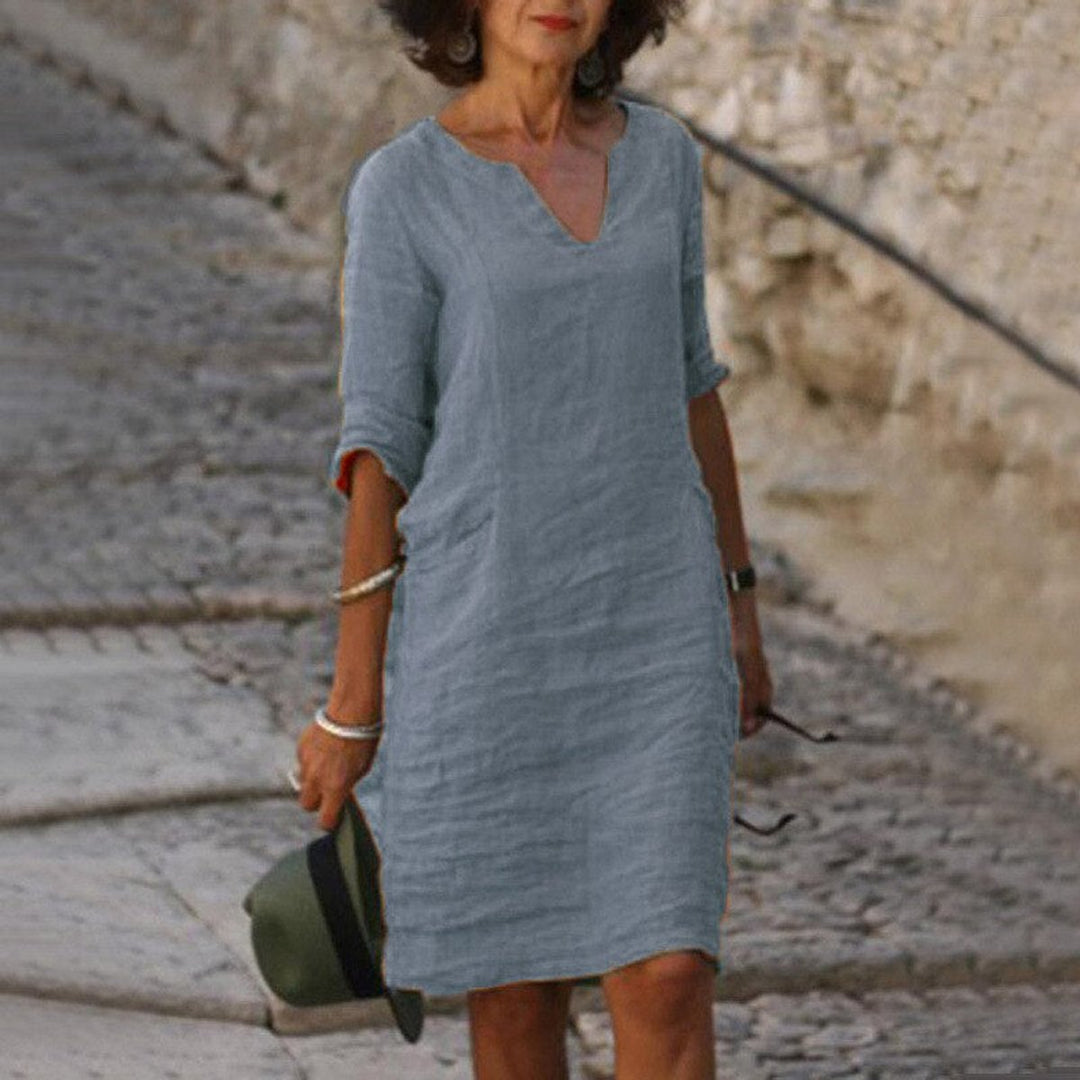 Women's Relaxed-Fit V-Neck Linen Fall Midi Dress