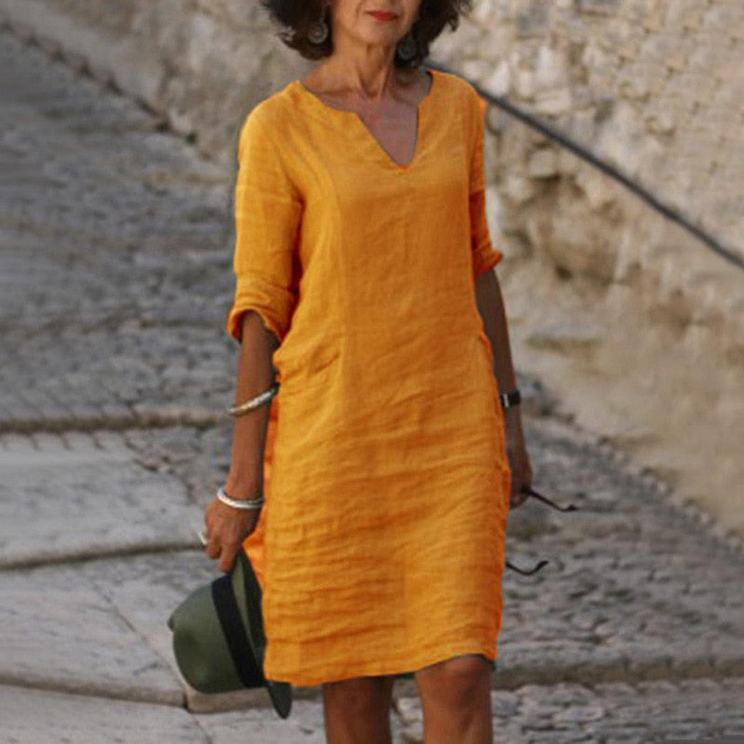 Women's Relaxed-Fit V-Neck Linen Fall Midi Dress
