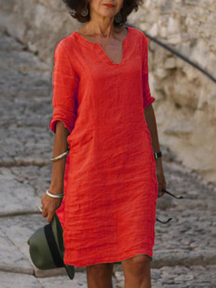 Women's Relaxed-Fit V-Neck Linen Fall Midi Dress