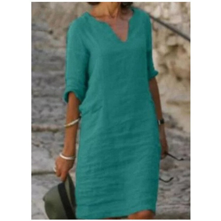 Women's Relaxed-Fit V-Neck Linen Fall Midi Dress