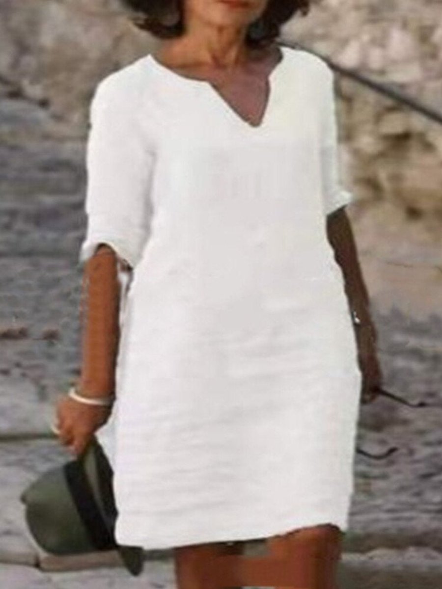 Women's Relaxed-Fit V-Neck Linen Fall Midi Dress