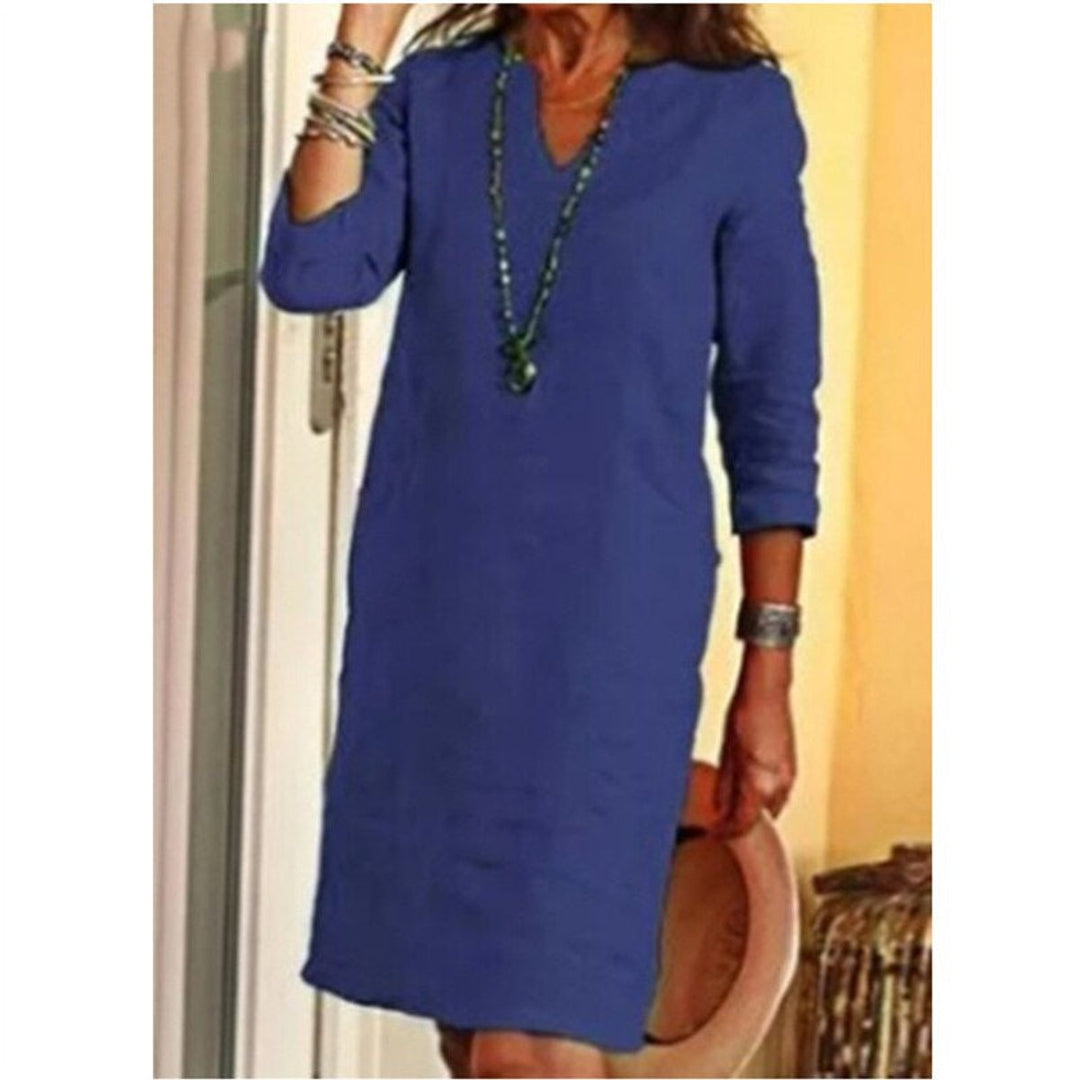 Women's Relaxed-Fit V-Neck Linen Fall Midi Dress