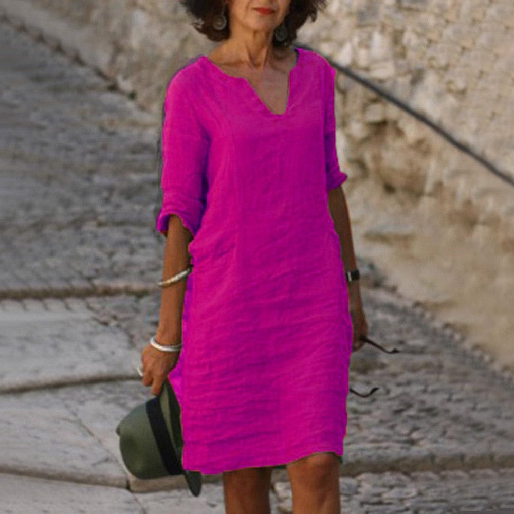 Women's Relaxed-Fit V-Neck Linen Fall Midi Dress