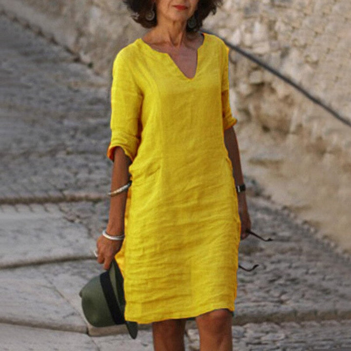 Women's Relaxed-Fit V-Neck Linen Fall Midi Dress