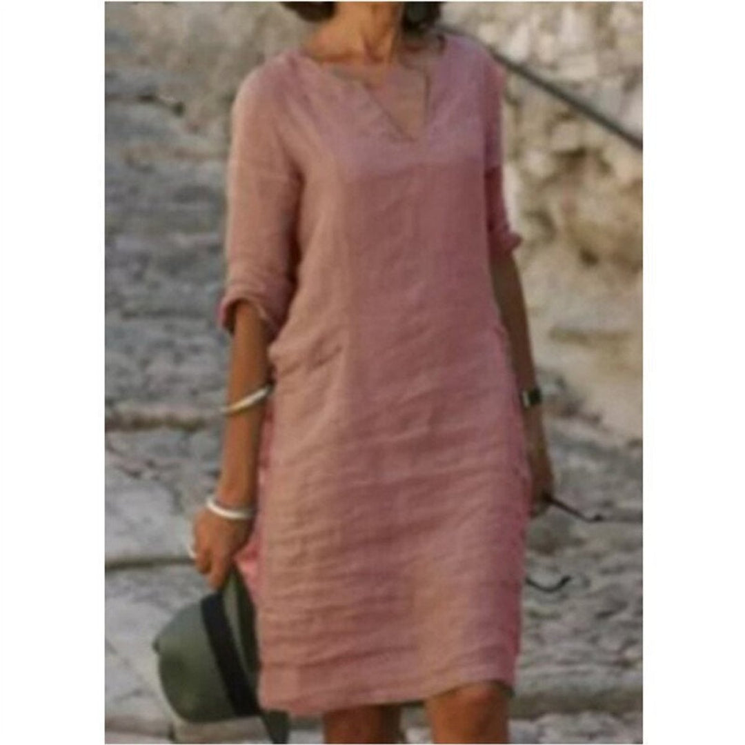 Women's Relaxed-Fit V-Neck Linen Fall Midi Dress