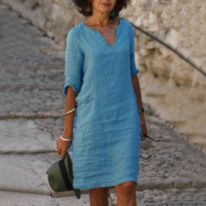 Women's Relaxed-Fit V-Neck Linen Fall Midi Dress