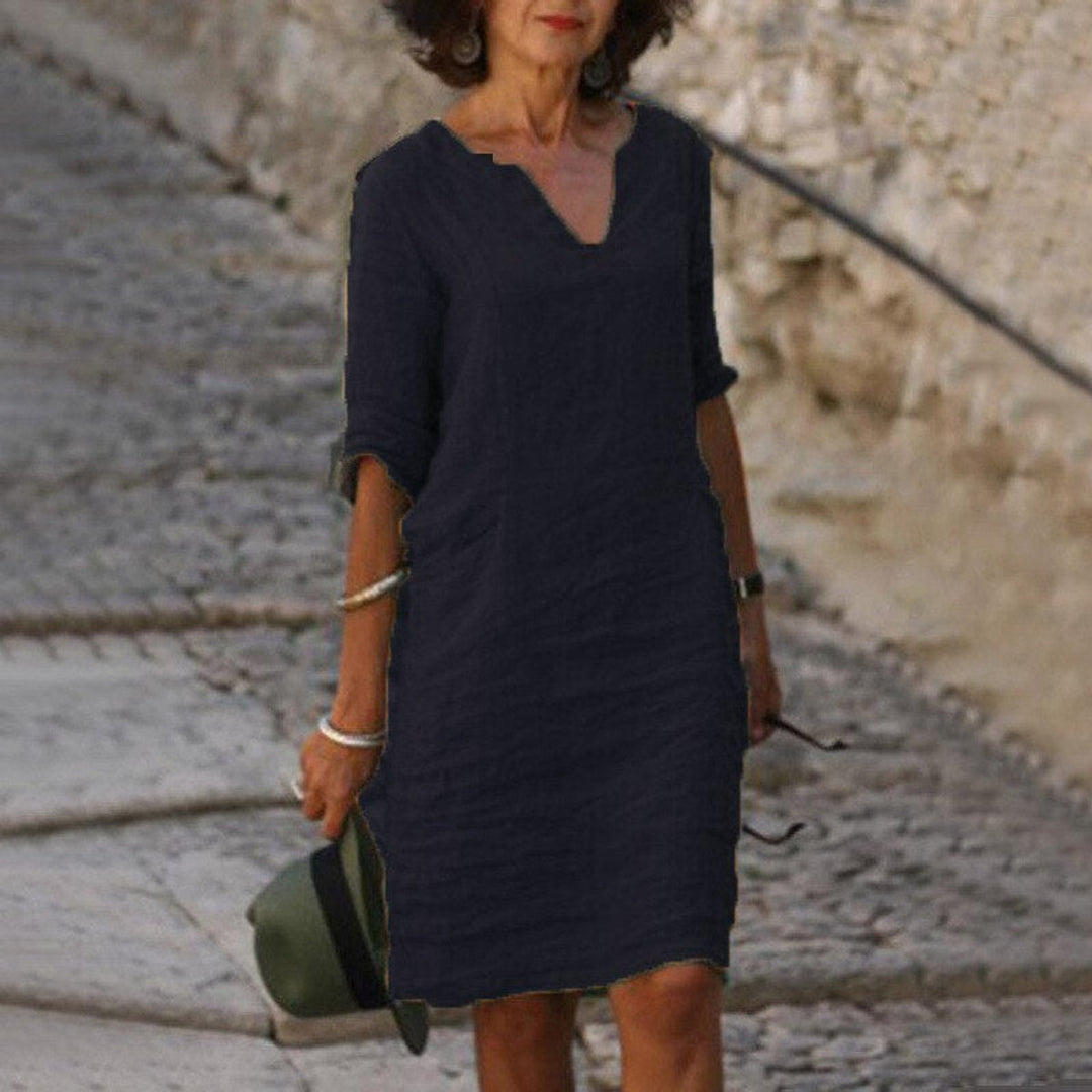 Women's Relaxed-Fit V-Neck Linen Fall Midi Dress