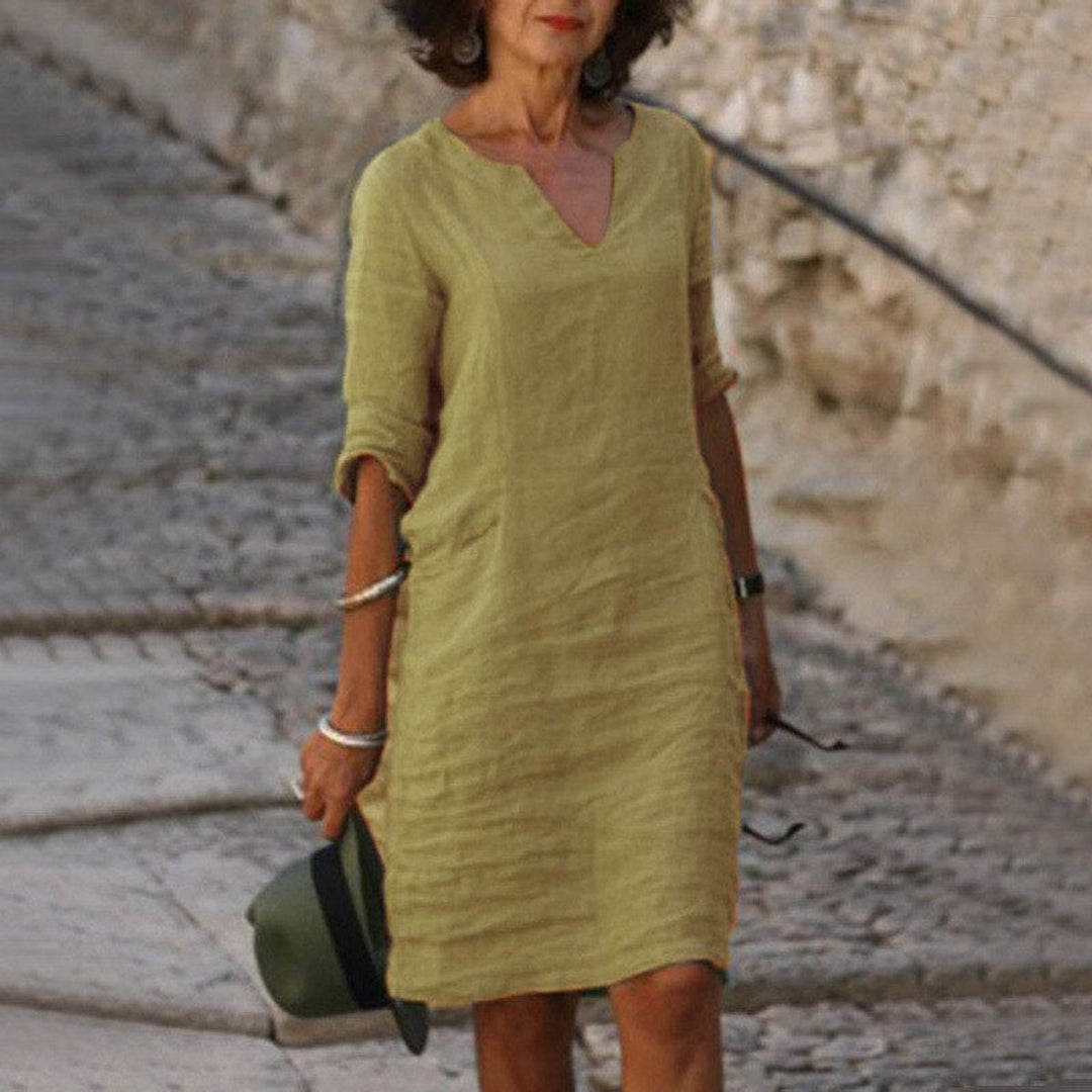 Women's Relaxed-Fit V-Neck Linen Fall Midi Dress
