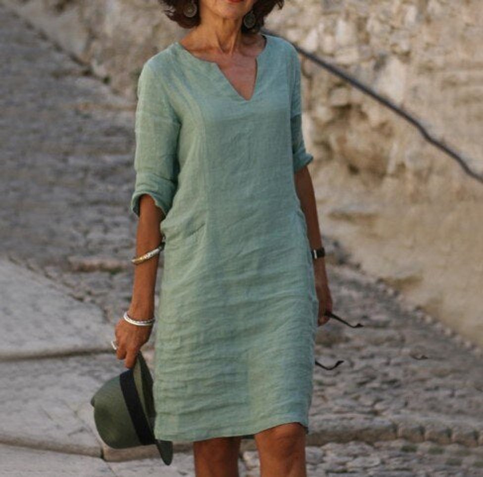 Women's Relaxed-Fit V-Neck Linen Fall Midi Dress