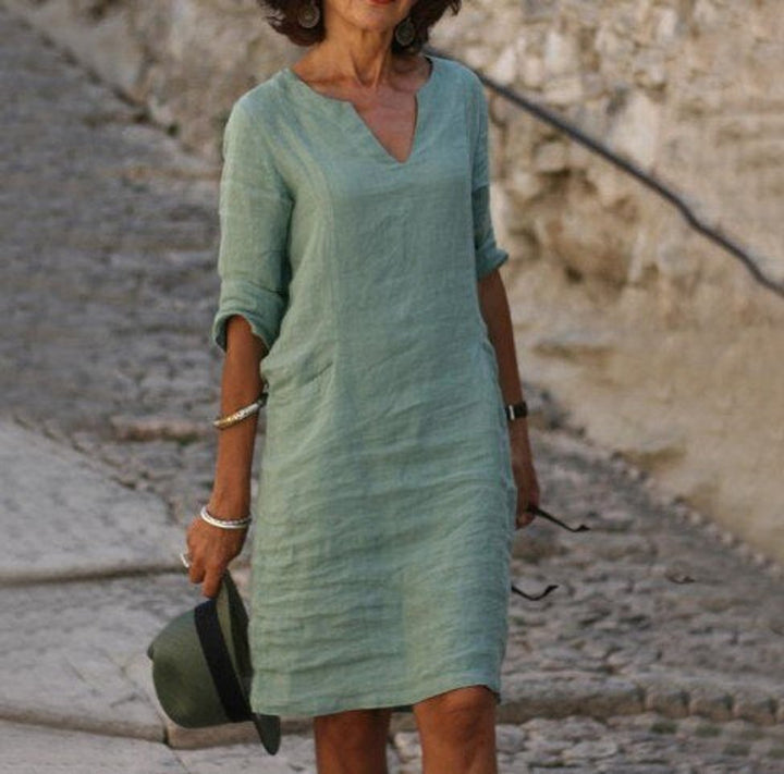 Women's Relaxed-Fit V-Neck Linen Fall Midi Dress