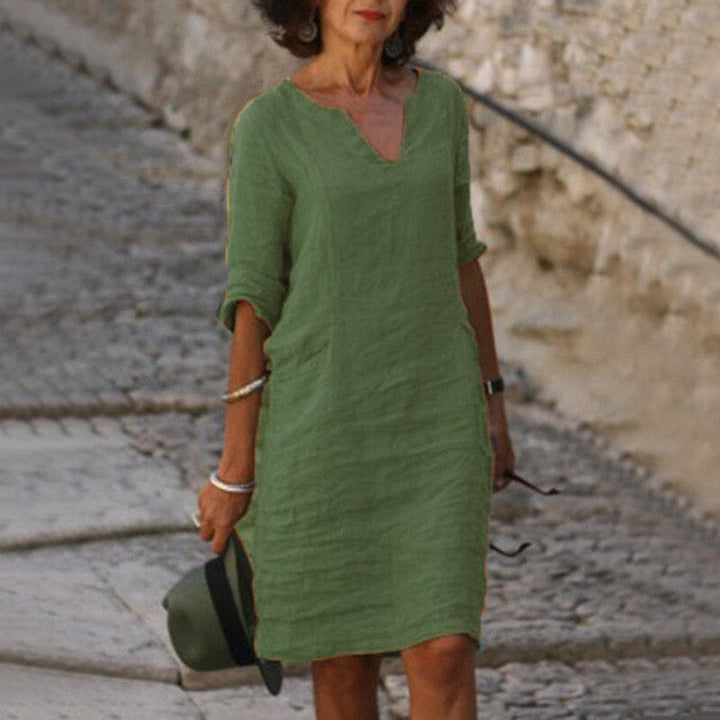 Women's Relaxed-Fit V-Neck Linen Fall Midi Dress