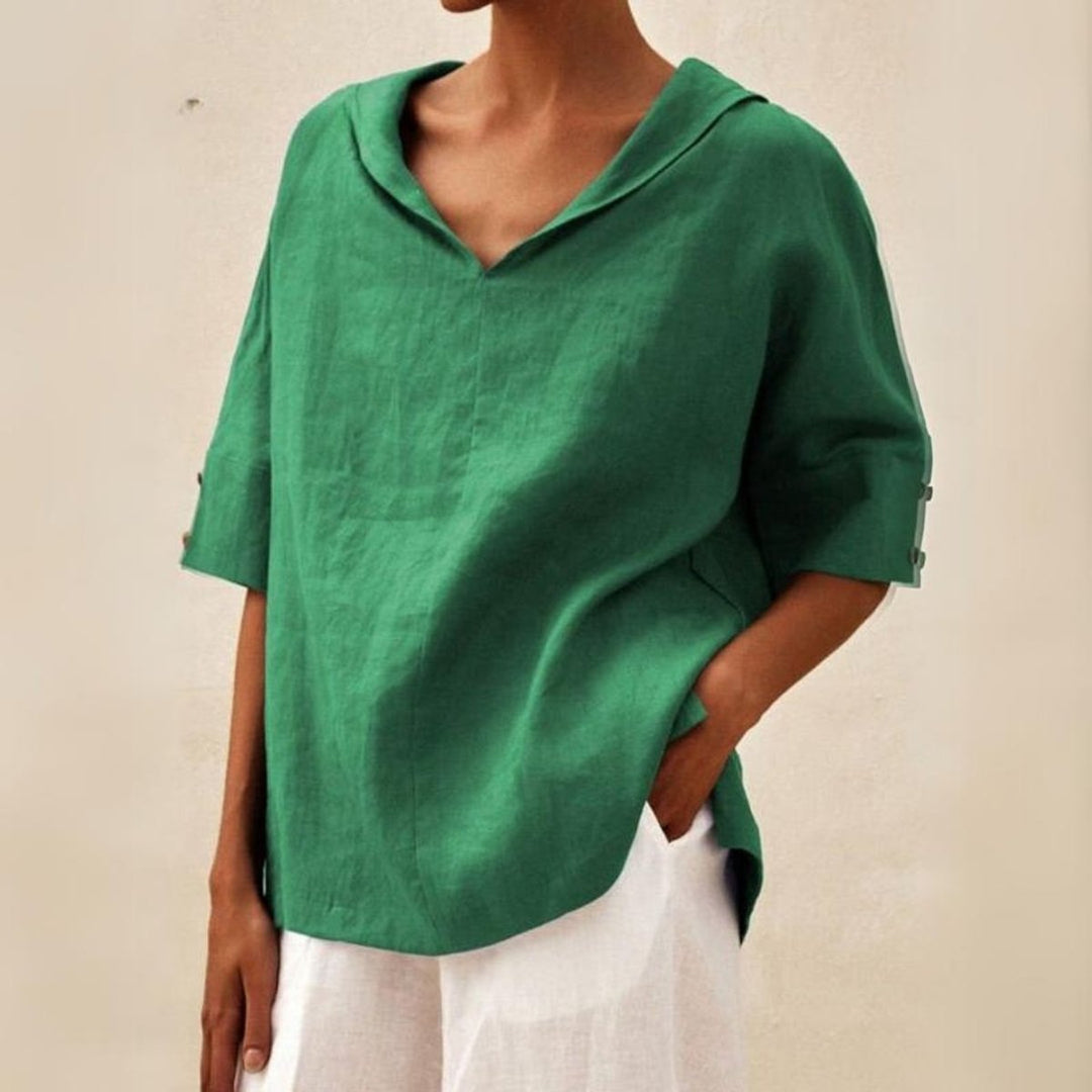 Women's Relaxed-Fit V-Neck Linen Short-Sleeve Top