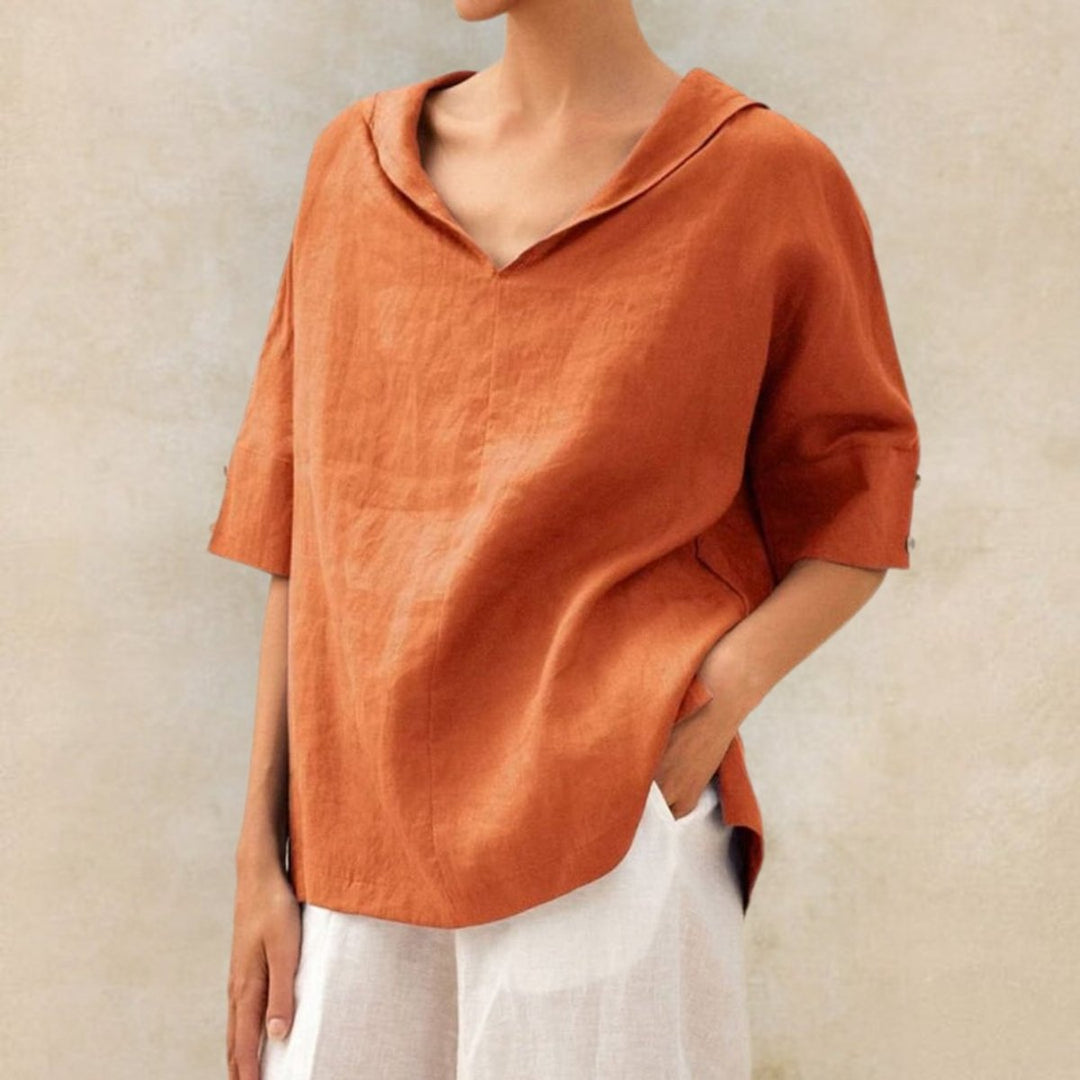 Women's Relaxed-Fit V-Neck Linen Short-Sleeve Top