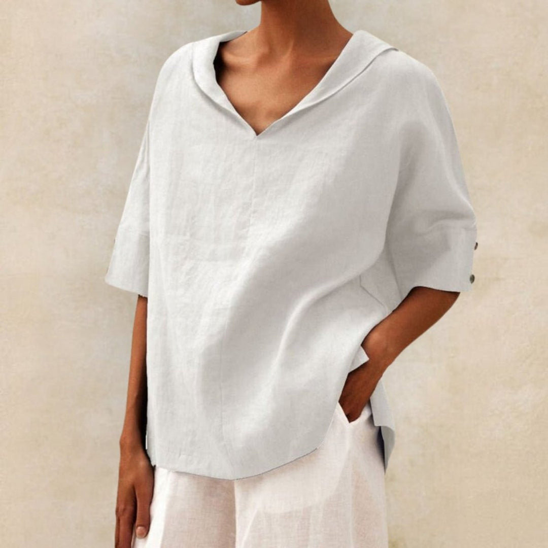 Women's Relaxed-Fit V-Neck Linen Short-Sleeve Top