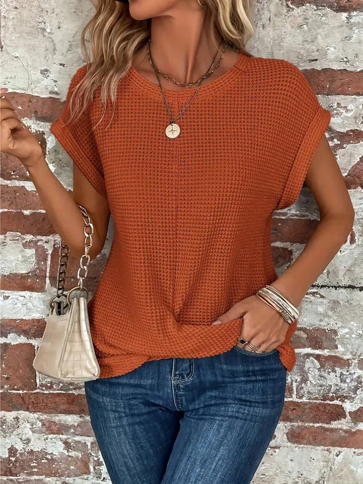 Women's Relaxed-Fit Waffle-Knit Short-Sleeve Crew Neck Top