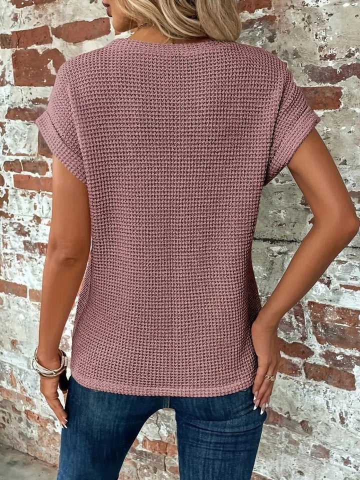 Women's Relaxed-Fit Waffle-Knit Short-Sleeve Crew Neck Top