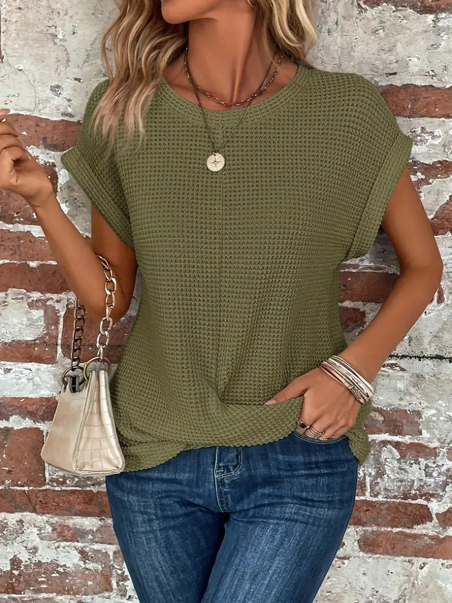 Women's Relaxed-Fit Waffle-Knit Short-Sleeve Crew Neck Top