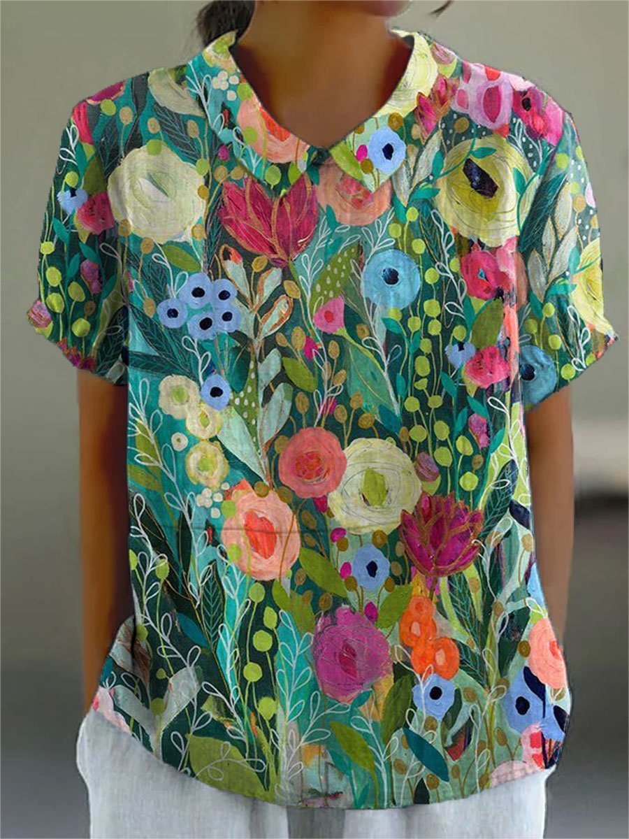 Women's Relaxed-Fit Watercolor Floral Short-Sleeve Blouse