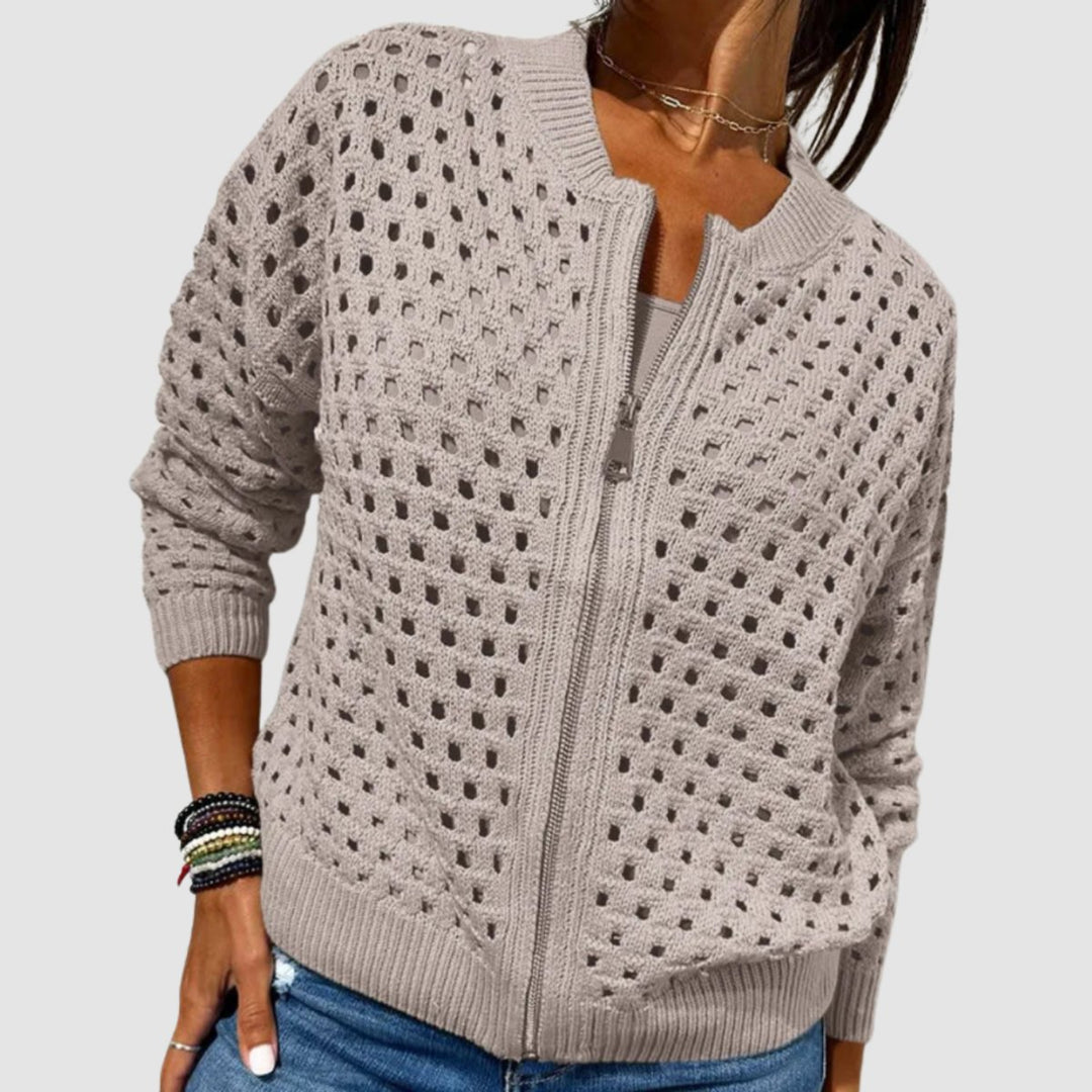 Women's Relaxed-Fit Zip-Up Open-Knit Cardigan Sweater