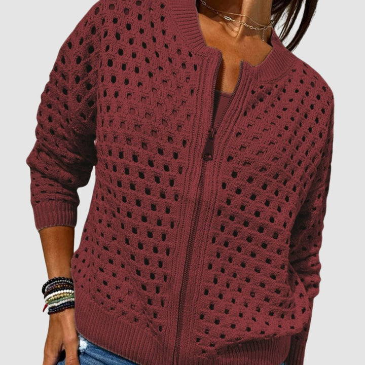 Women's Relaxed-Fit Zip-Up Open-Knit Cardigan Sweater