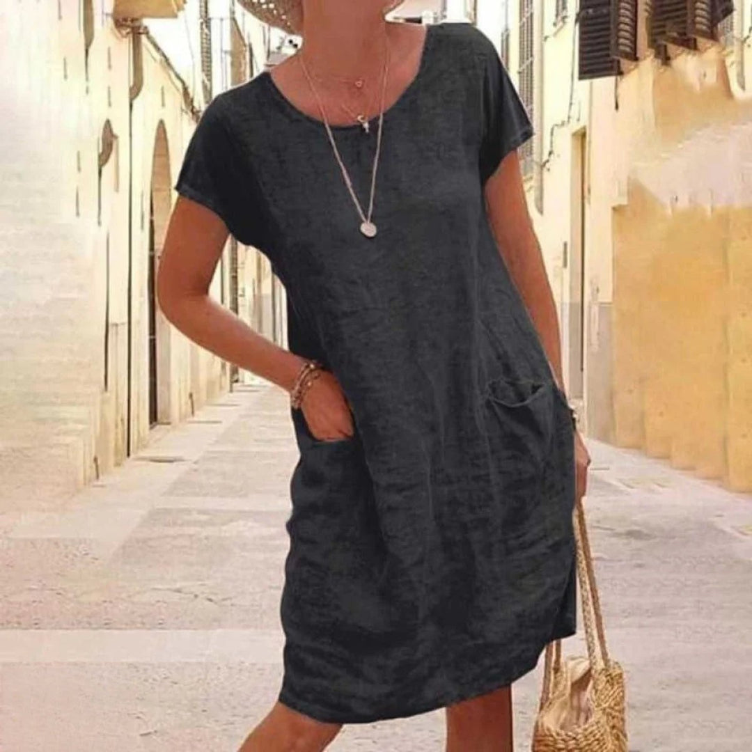 Women's Relaxed Linen-Blend Pocket Fall Midi Dress