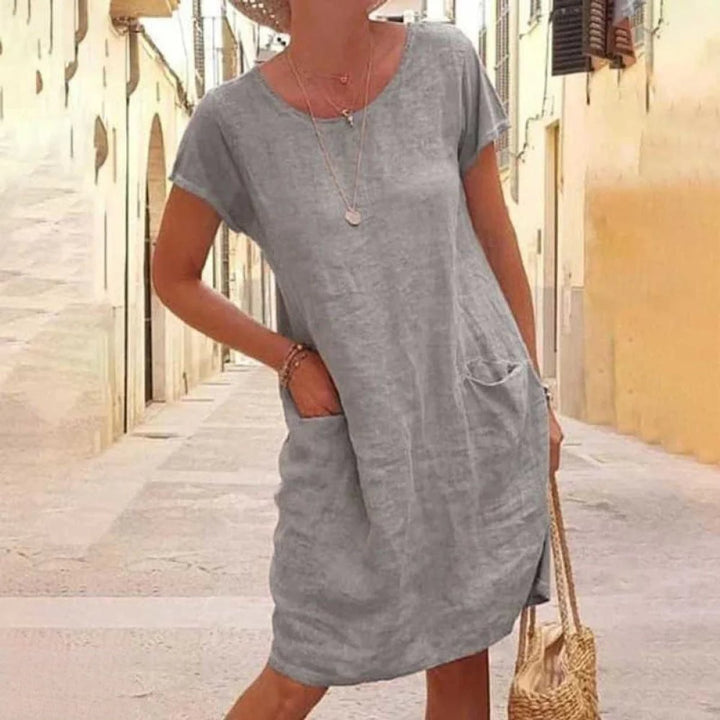 Women's Relaxed Linen-Blend Pocket Fall Midi Dress