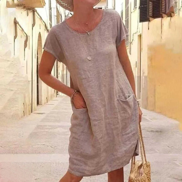 Women's Relaxed Linen-Blend Pocket Fall Midi Dress