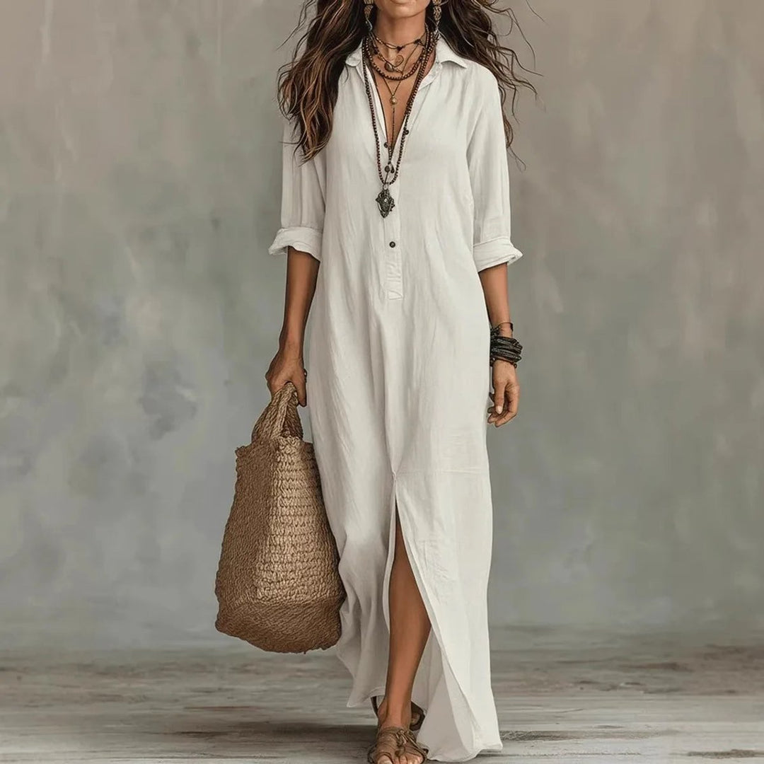 Women's Relaxed Linen Maxi Shirt Fall Wedding Guest Dress