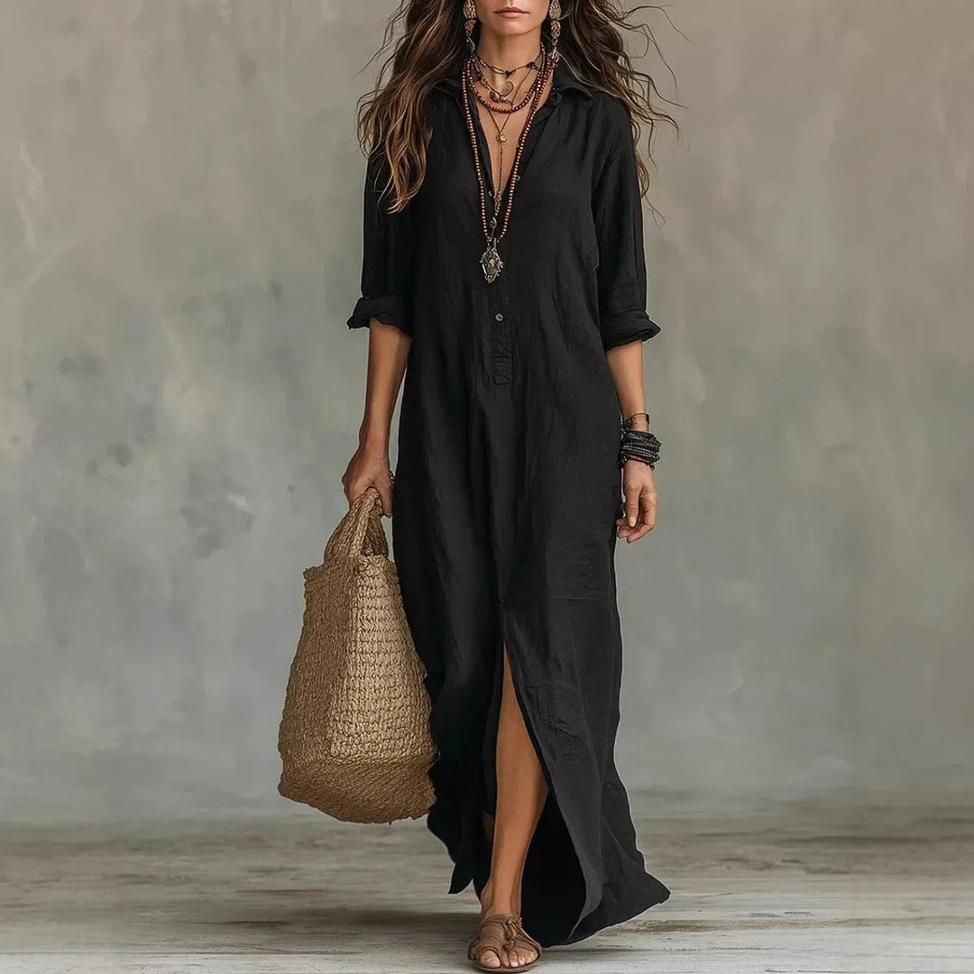 Women's Relaxed Linen Maxi Shirt Fall Wedding Guest Dress