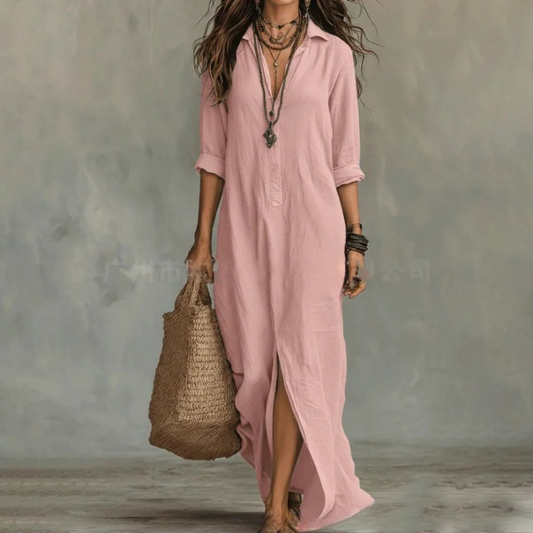 Women's Relaxed Linen Maxi Shirt Fall Wedding Guest Dress