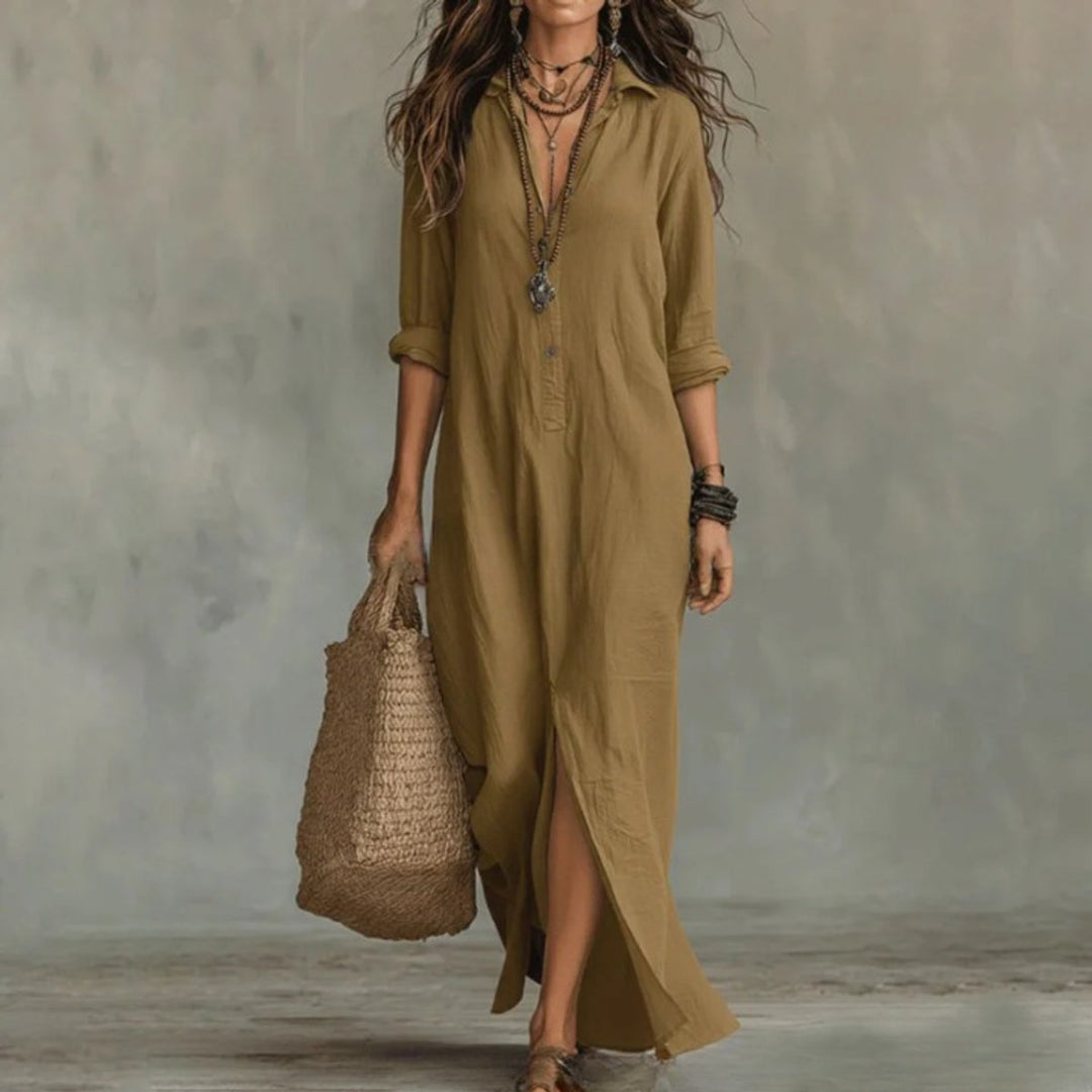 Women's Relaxed Linen Maxi Shirt Fall Wedding Guest Dress