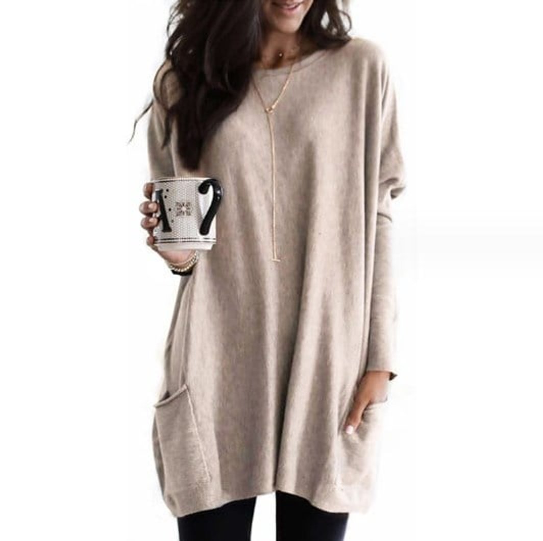 Women's Relaxed Long-Line Pocket Pullover Sweater