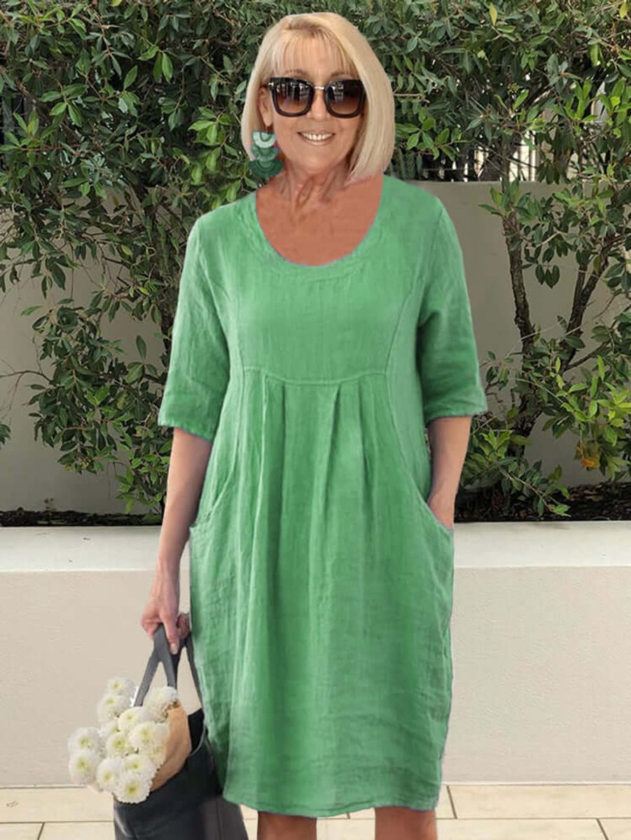 Women's Relaxed Scoop-Neck Pocket Linen Fall Midi Dress Plus Size