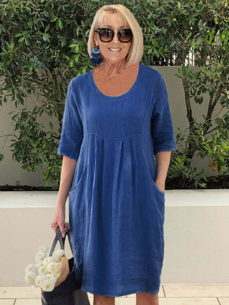 Women's Relaxed Scoop-Neck Pocket Linen Fall Midi Dress Plus Size
