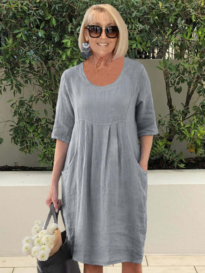 Women's Relaxed Scoop-Neck Pocket Linen Fall Midi Dress Plus Size