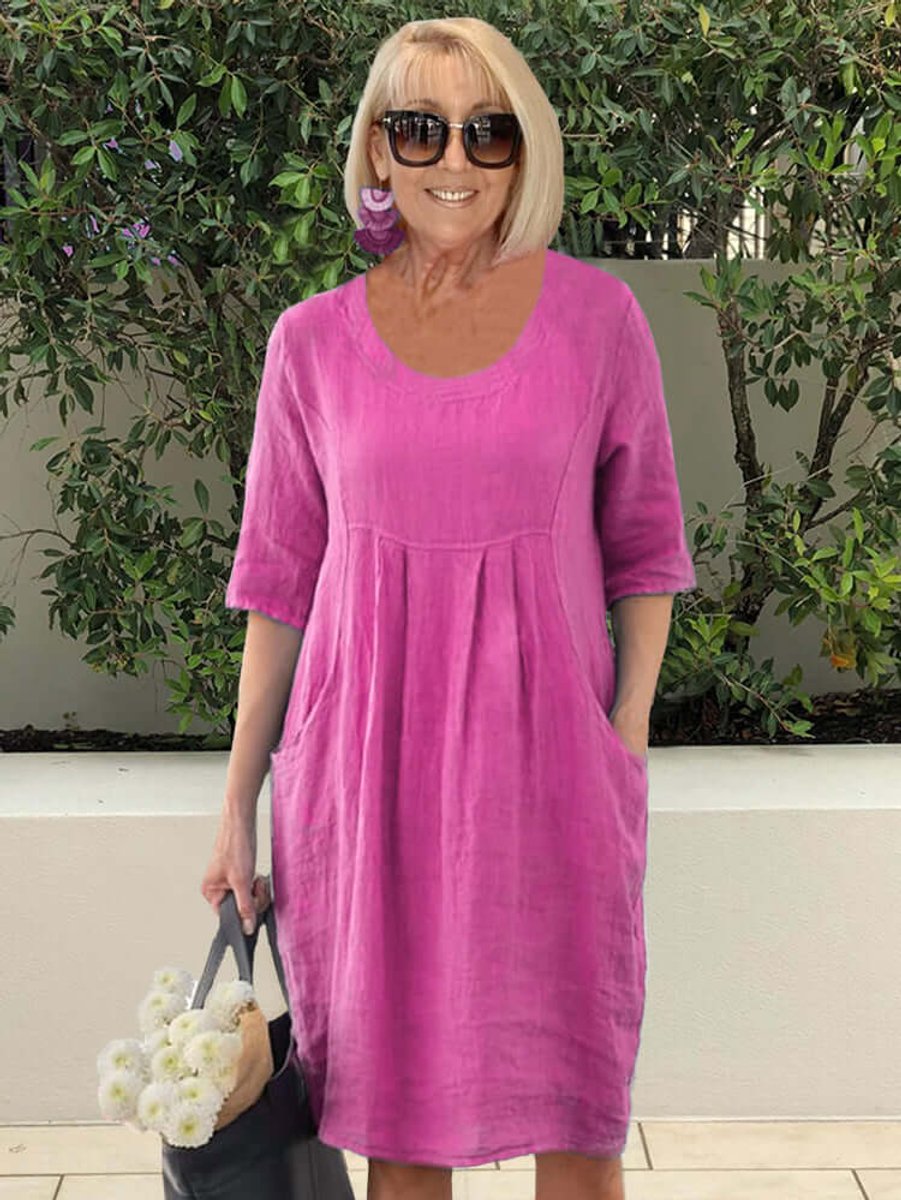 Women's Relaxed Scoop-Neck Pocket Linen Fall Midi Dress Plus Size