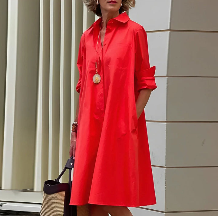 Women's Relaxed Shirt-Collar A-Line Fall Midi Dress