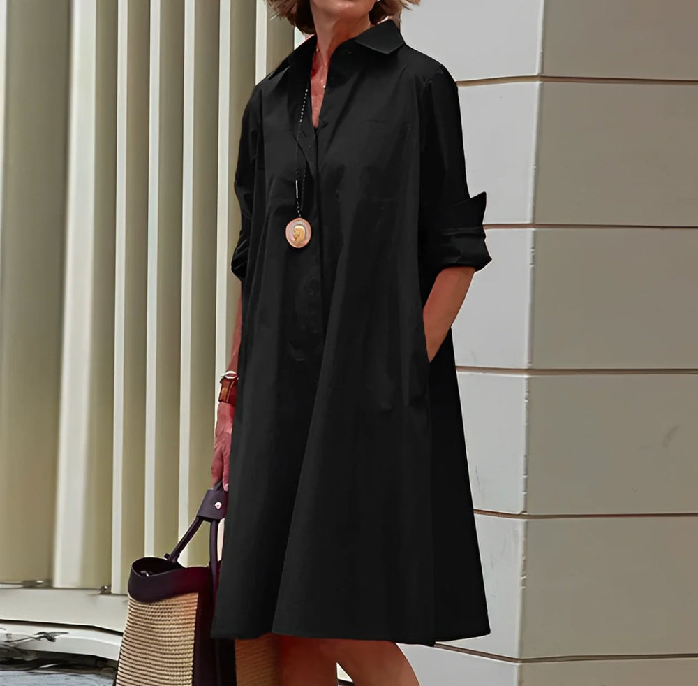 Women's Relaxed Shirt-Collar A-Line Fall Midi Dress